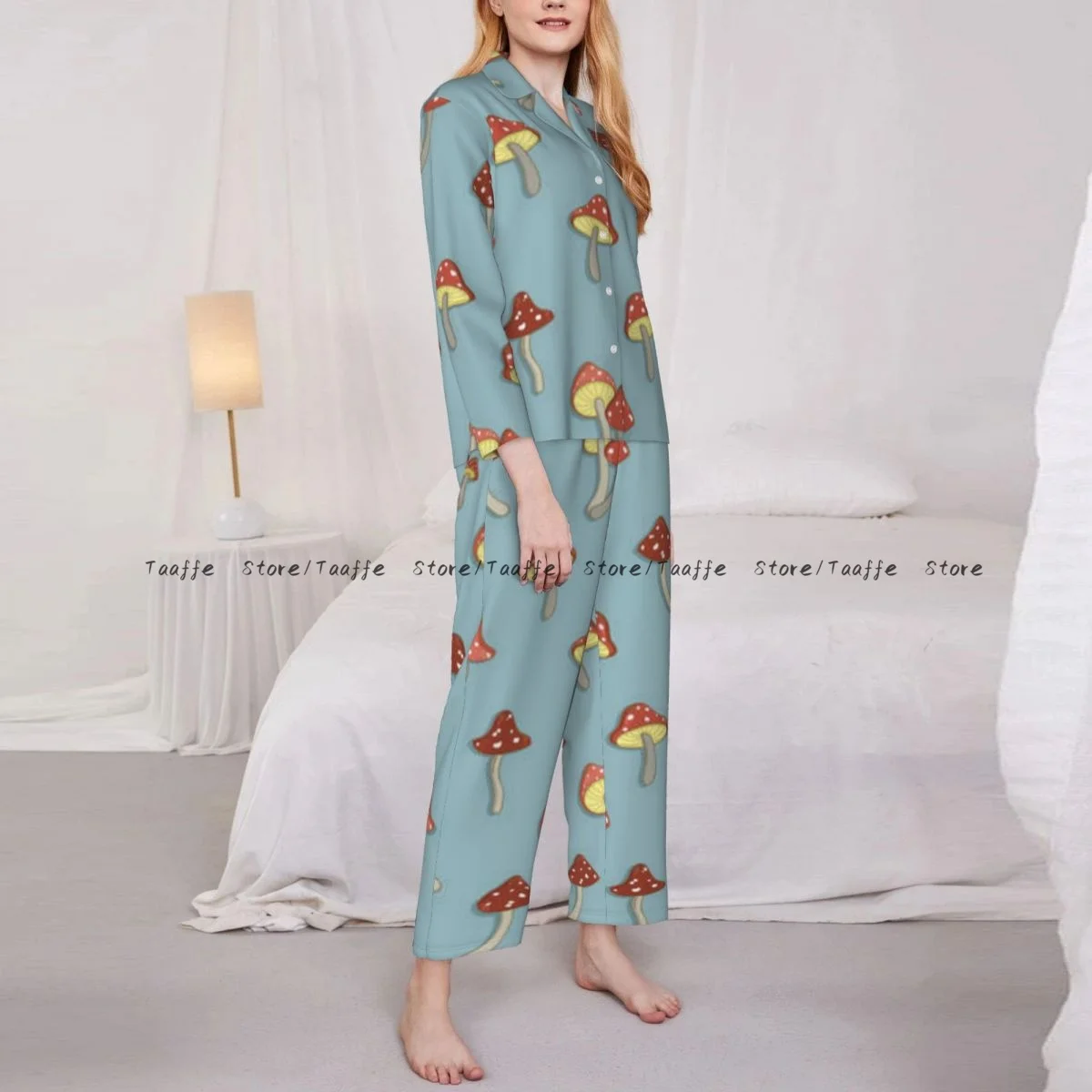 Spring and Autumn Pajama Set Women's Long Sleeve Pants Two Piece Cute Mushrooms Tree Leafs And Berries Home Furnishing Set