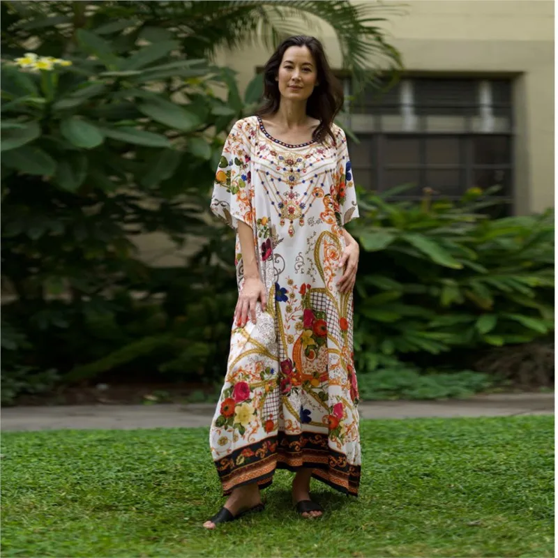 

European and American Women's Clothing Muslim Print Loose Robe Middle East Beach Cover-up Holiday Dress