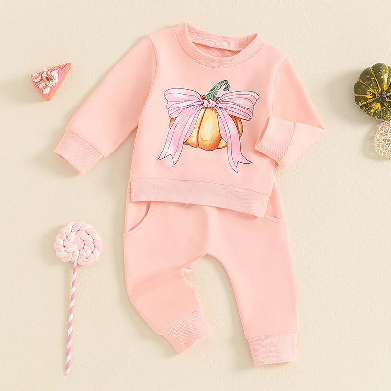 2024-05-27 Lioraitiin Toddler Girls Halloween Outfits Bow Pumpkin Print Long Sleeve Sweatshirt and Elastic Pants Baby Cute Set