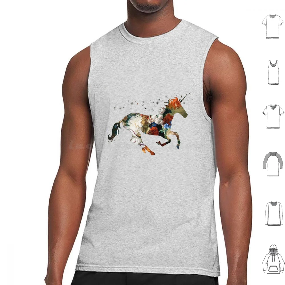 Camisetas sin mangas con silueta de unicornio floral, estampado de algodón, caprichoso, unicornio, flores de fantasía, silueta floral de caballo