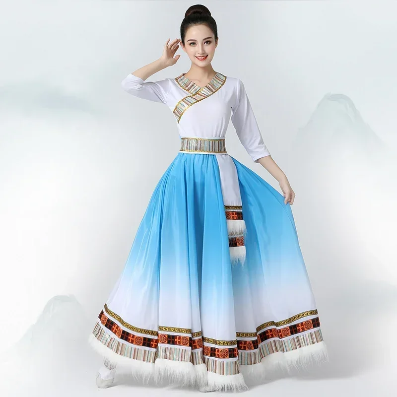 Mongolia Taniec tybetański Tradycyjna ludowa odzież etniczna Festiwal występów Tybetański strój Długie spódnice Sukienka do tańca narodowego