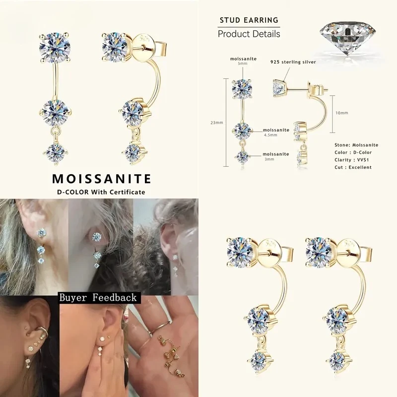 Lnngy 2.0CTTW Moissanite Stud Earrings for Women, S925 Sterling Silver Front Back Double Sided Jewelry