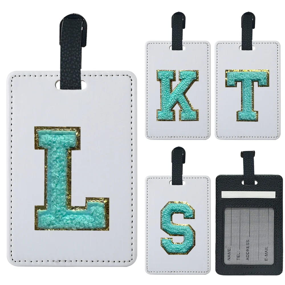 Initial Chenille PU Suitcase ID Card Holder Luggage Tag Cover Business Cards Covers Name Initials  A-Z 26 Letter Green Pattern