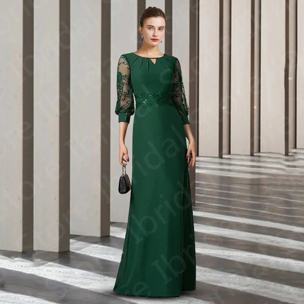 

On Sale 2023 Green Mother of the Bride Dresses Lace 3/4 Sleeves Round Neckline Wedding Guest Gowns Sequined