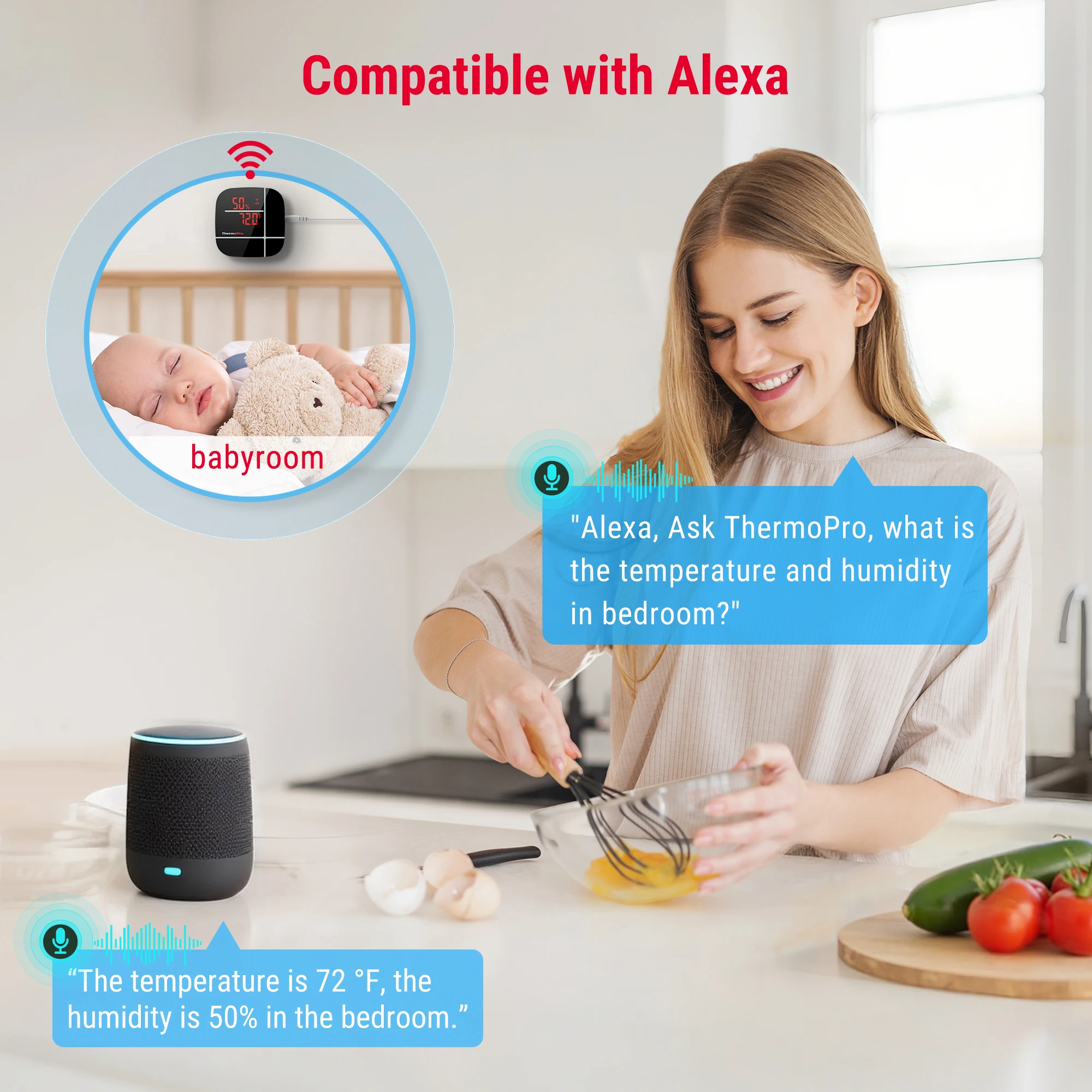 WiFi Smart Hygrometer Indoor Thermometer Digital Humidity Meter Alexa Voice for Home Room Bedroom, ThermoPro TP-90 LED App
