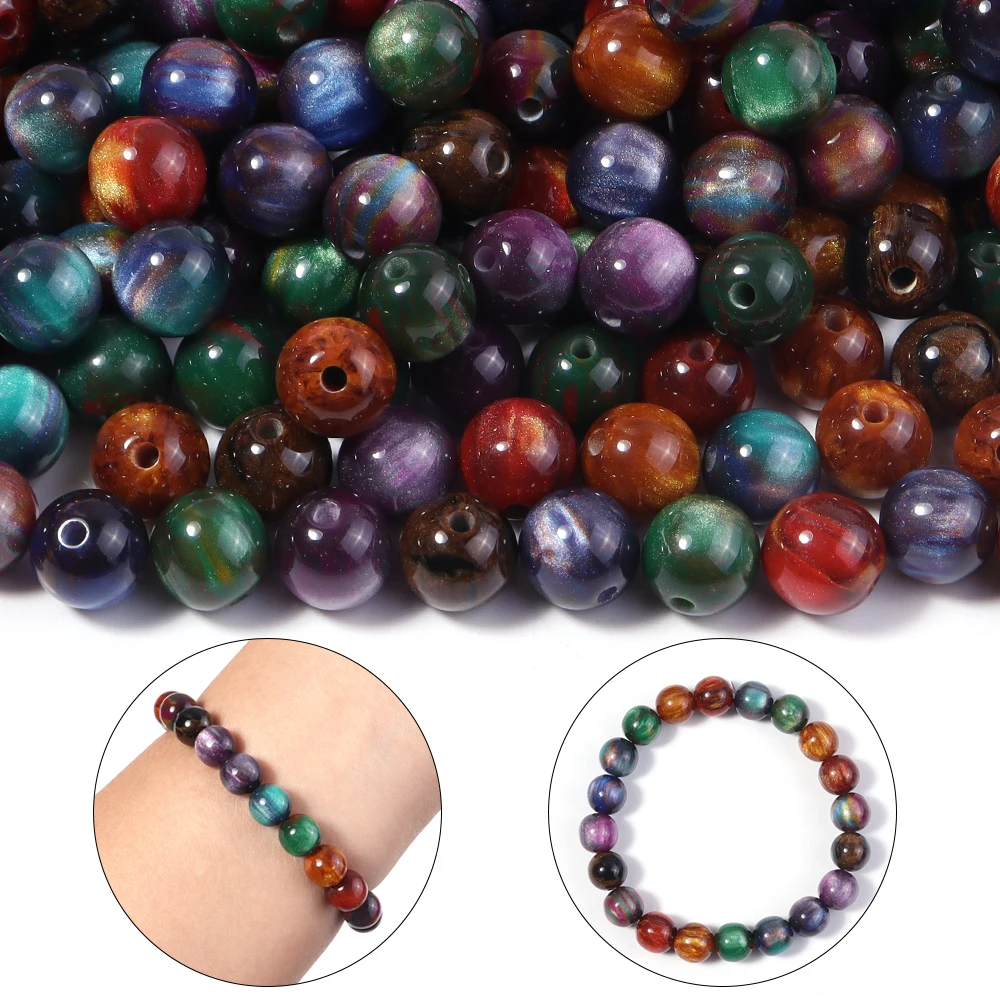 50 Stück 8mm Dunkle Farbe Imitation Katzenauge Harzperlen Glitzer Sternenhimmel Runde Lose Perlen für Schmuckherstellung DIY Armbänder Halskette – Detail 4