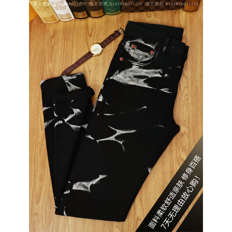 Jeans preto masculino outono e inverno 2025 novo estilo high-end impresso calças de perna pequena