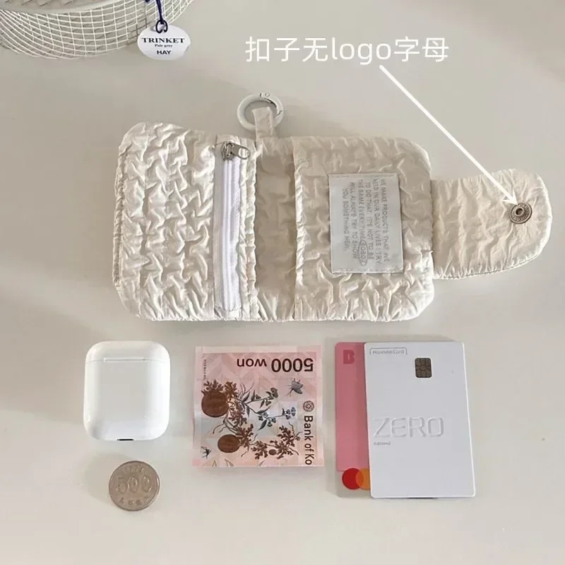 Ins Style Cute Pleated Fabric Coin Purse Vintage Small Wallet Card Holder Multi-Layer ID Earphone Case Organizer Keychain Pouch