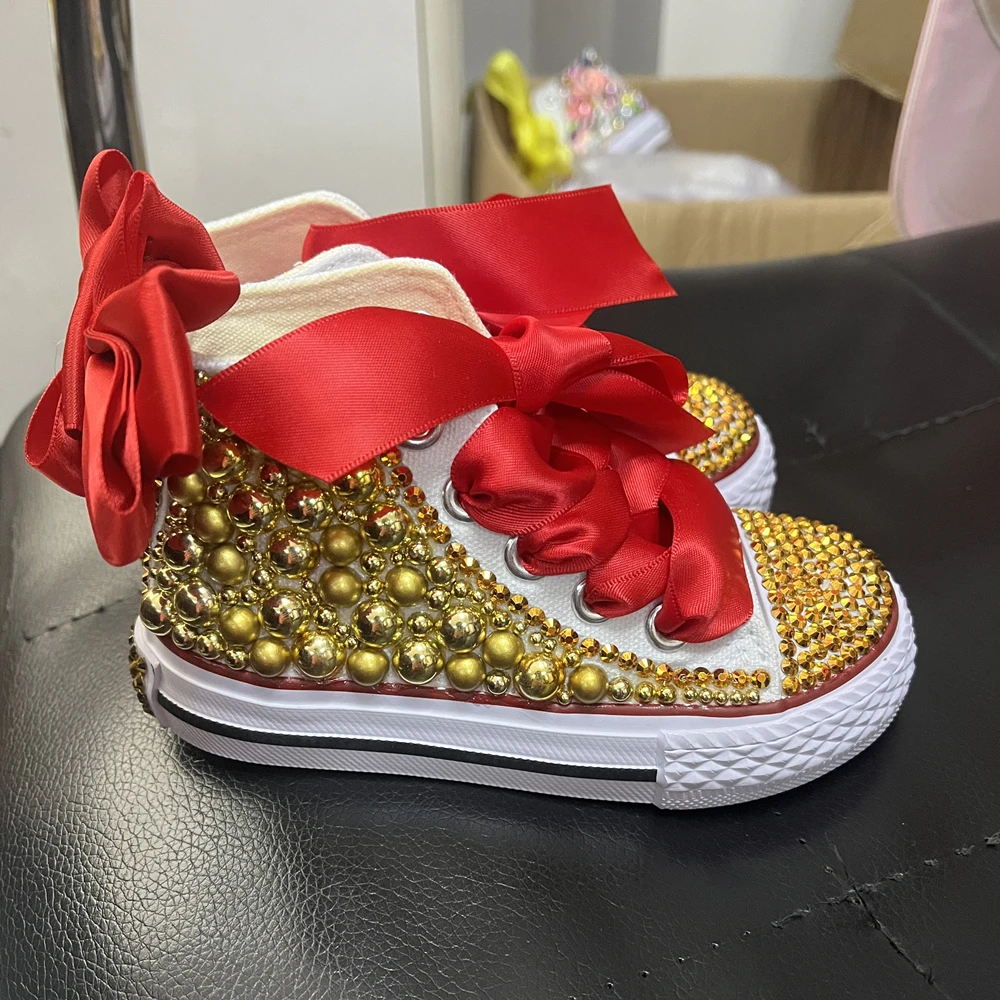 Dollbling Personalised Rhinestone Toddlers Youth Red Canvas Pumps Crystal Special Occasion Shoes Any Name Print Shoes