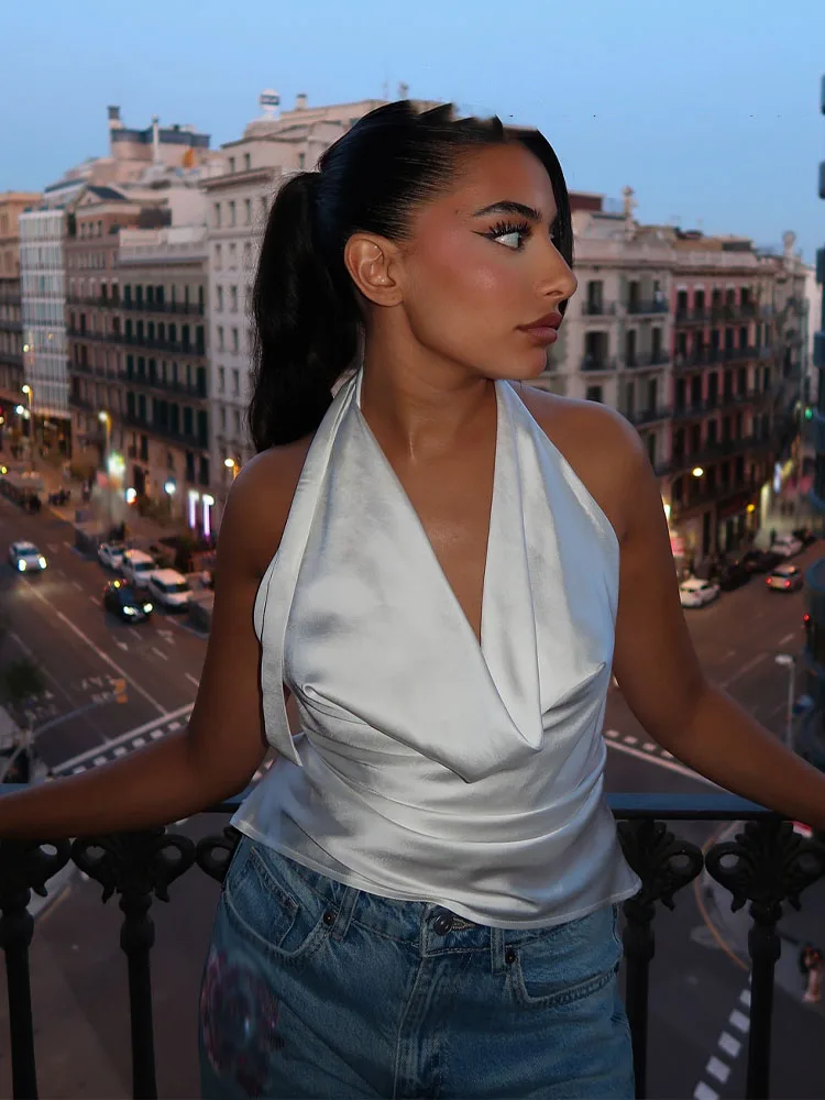 HH New Fashion Top da donna Solido senza maniche Backless Bow Lace-Up Decorazione Donna Estate Sexy Slim Top corto 2 colori