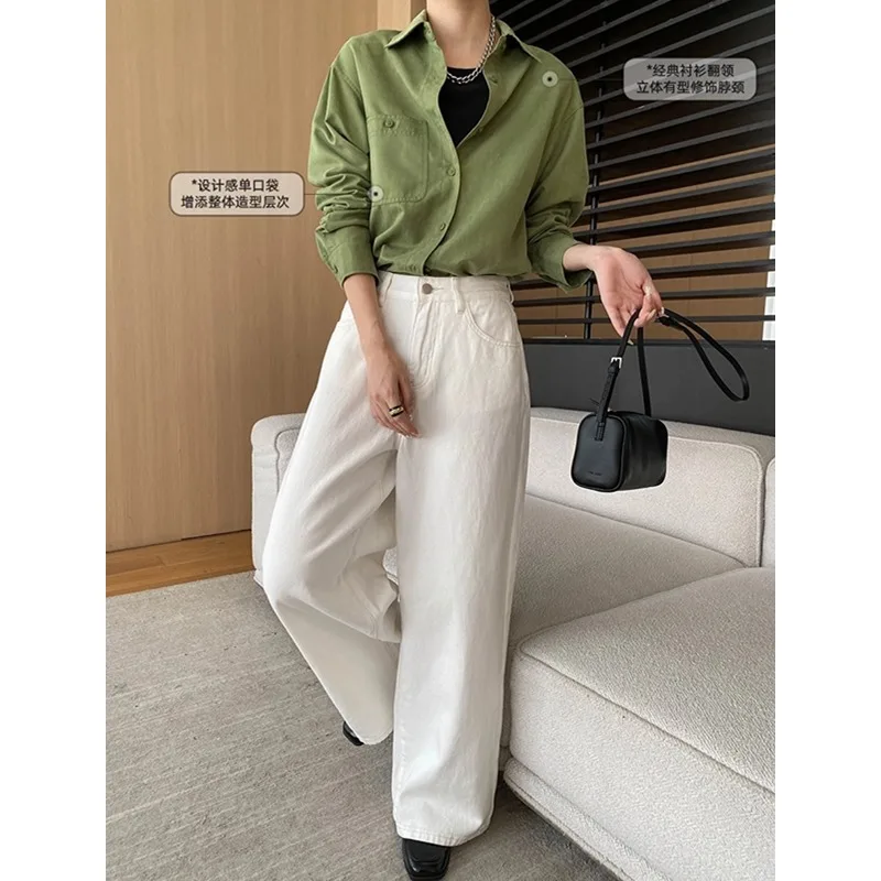 Women Shirt Long Blouses Solid Pocket Turn Down Collar Long Sleeves Single Breasted Loose Fit Casual Office Lady 2025 Autumn