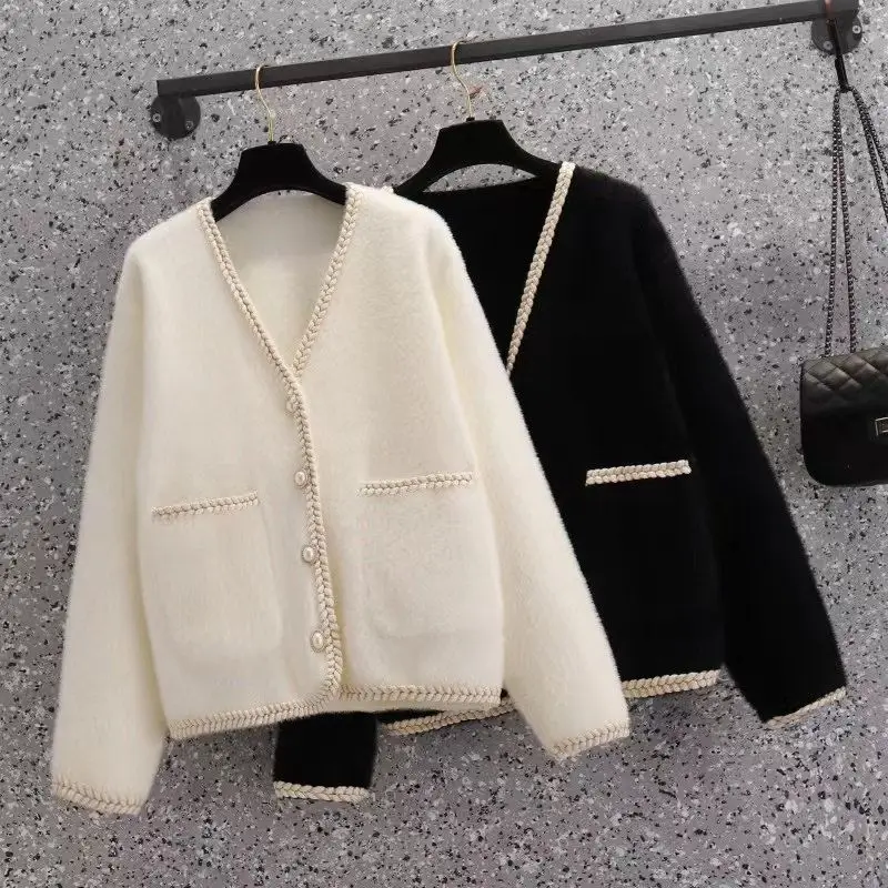 2024 New Fashionable Small Fragrant White Sweater Spring and Autumn Cardigan Imitation Mink Fleece Knitted Coat for Women