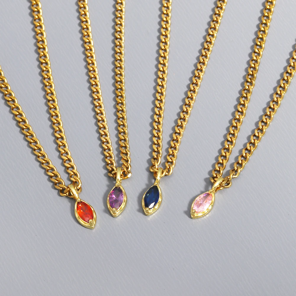 Stainless Steel Cuban Chain Multicolour Oval Zircon Horse Eye Crystal Pendant Necklace Women Gold Plated Necklace Party Jewelry