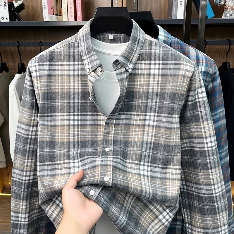 100% cotton luxury men's long sleeve shirt fashion checkered design youth leisure comfort spring autumn high-quality new top