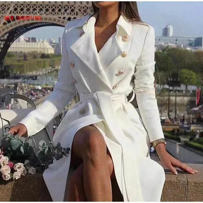 

Double Breasted White Trench Coat Women Winter Vintage Jacket Slim Trench Female Lapel Solid Office Ladies Trench Dress OL