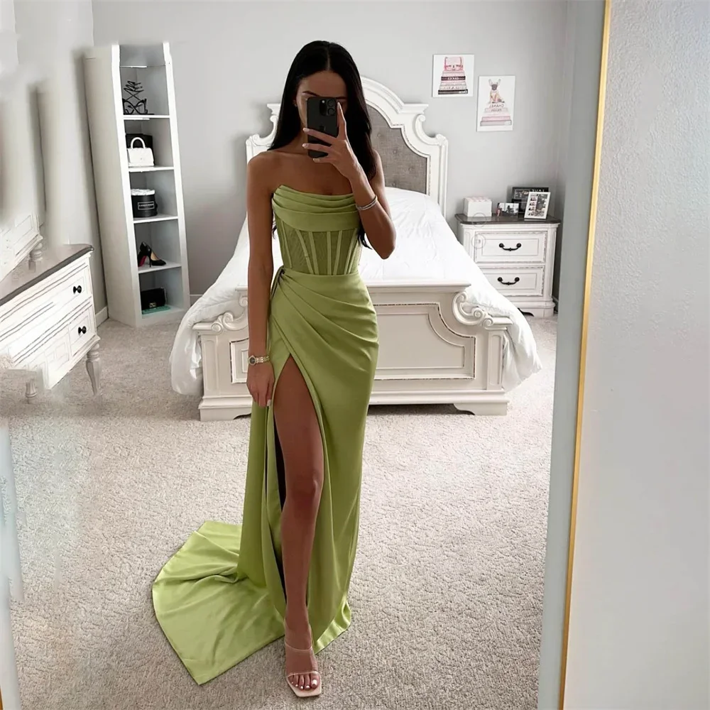 

Vinca Sunny Sage Green Stain Woman Evening Dress Gown Sleeveless Ball Gown Side Split Mermaid Night Dresses Gown robes de soirée