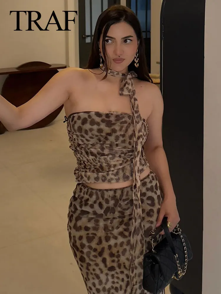 TRAF 2024 estate nuovi set da donna Tulle Halterneck pieghe Leopard Print Tube Top + a-line Chic Wild Streetwear gonna lunga femminile