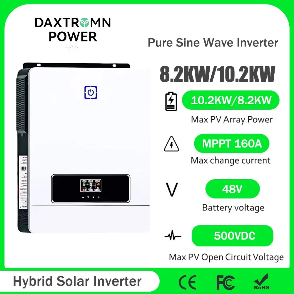 

Daxtromn 10,2 кВт 8,2 кВт солнечный гибридный инвертор 2MPPT фотоэлектрический вход 48 В 220 В чистая синусоида двойной 160 А 500 Вт контроллер заряда солнечной батареи
