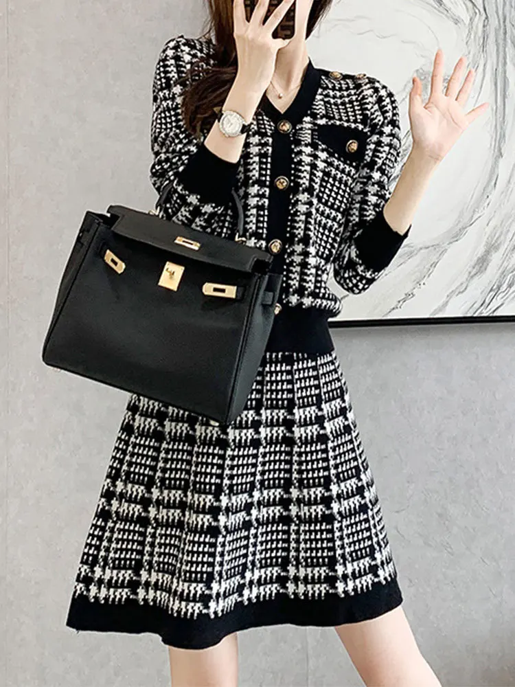 Fashion Elegant Plaid Knitted Suit Women 23 Autumn Winter Contrast Color V-Neck Gold Button Cardigan+A-Line Skirt Two-Piece Set