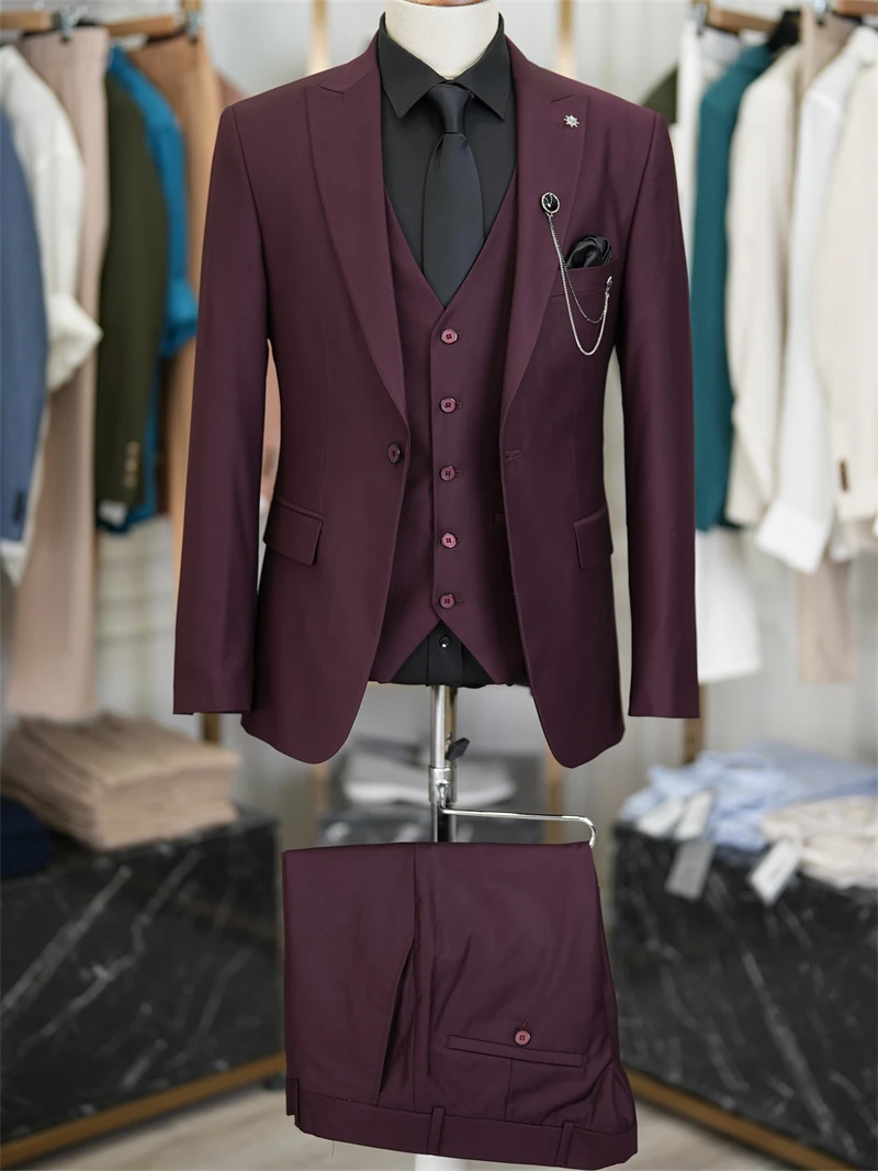 Classic Burgundy Men's Suits for Wedding Party Slim Fit 3PCS Blazer Vest Pants Formal Business Office Male Suit