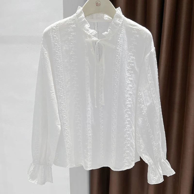

White pure cotton lace-up shirt for women, French chic, stylish, layered bottoming shirt, flared long-sleeved chiffon top