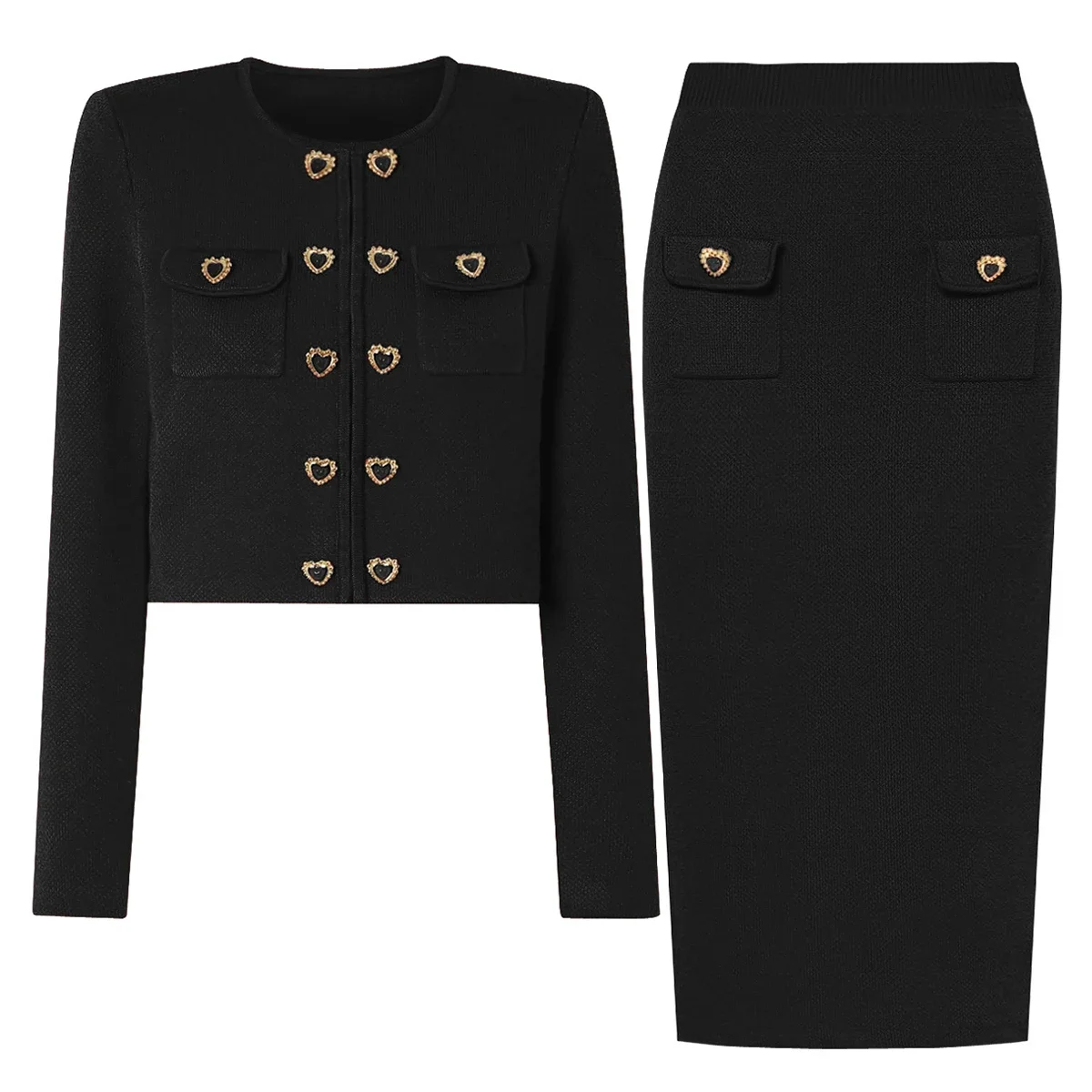 Elegant Elastic Knit Heart Shaped Button Cardigan Slim Half Skirt Set Women Fashion Outfits