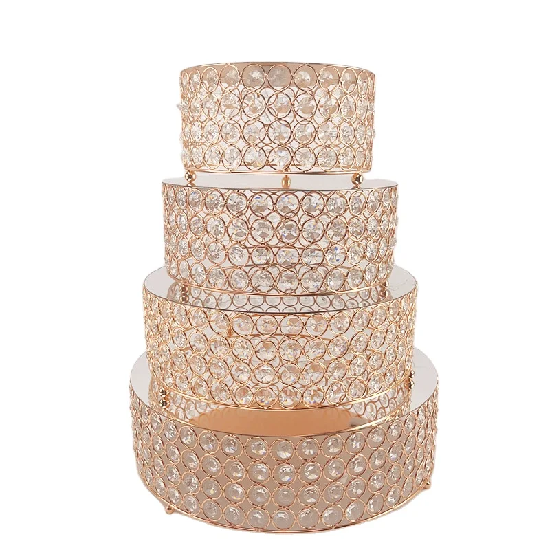 

New design gold-plated cake tabletop metal cake stand set with crystal beads for wedding decoration