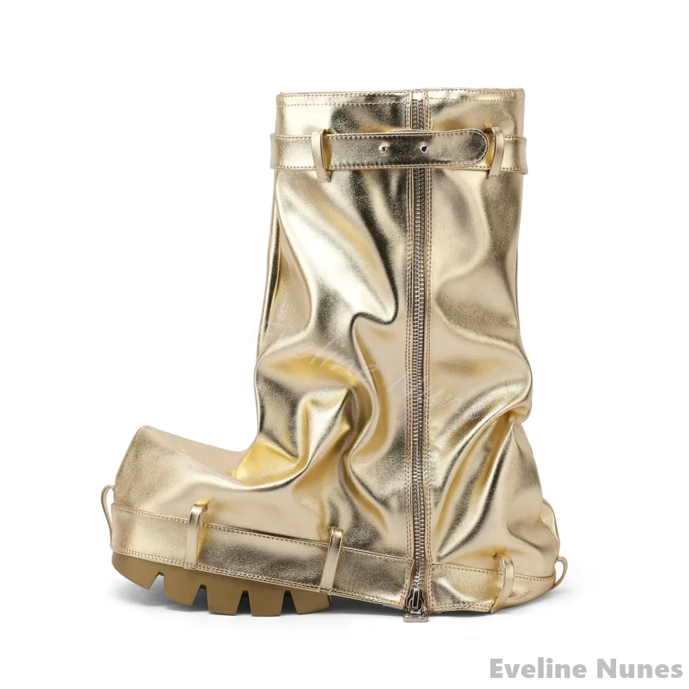 Pleated Slip-on Trouser Boots Women Round Toe Thick Sole Chunky Heel Knee High Catwalk Boots 2025 New Rose Red Shiny Long Boots