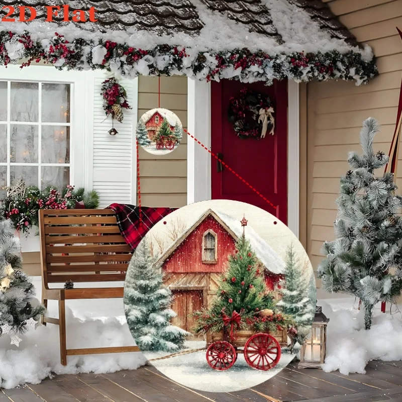 Vintage 2D Christmas Tree & Barn Metal Sign - Red Barn Winter Scene with Snowy Trees for Farmhouse Indoor Outdoor Decor