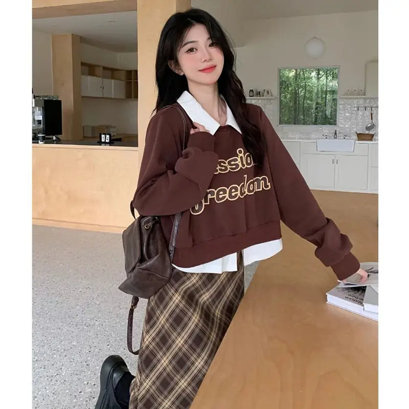 Autumn Winter Fake Two Pieces Sets Sweet Preppy Style Women Sweatshirt Print High Waist Long Plaid Skirts Vintage Fashion Suit