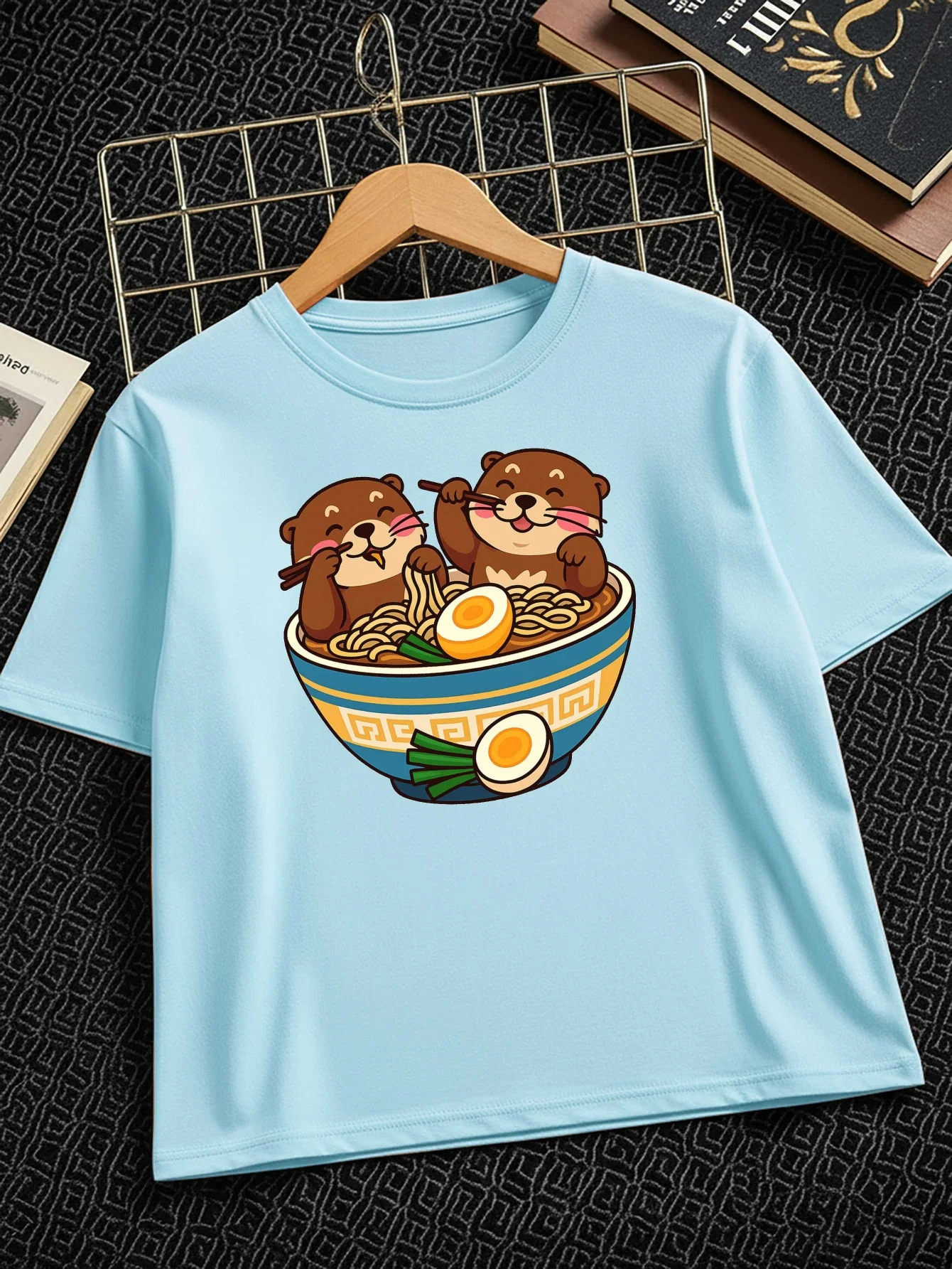 Cute Otters Eating Ramen Cartoon Print T Shirt Family Matching Outfit Boys Girls Kids Short Sleeve Children Daily Tees