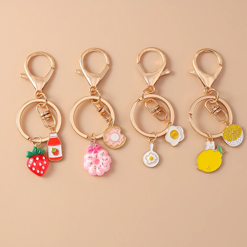 Cute Fruit Strawberry Lemon Keychain Enamel Food Donut Fried Egg Pendant Keyrings for Women Men Car Key Handbag Key Chains Gifts