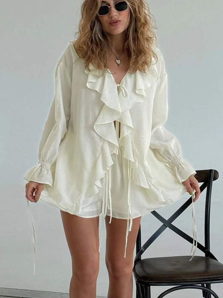 Heinene Style français solide manches évasées col en v à volants cravate chemise et ensemble short et haut femmes élégant bureau tenue décontractée automne 2025