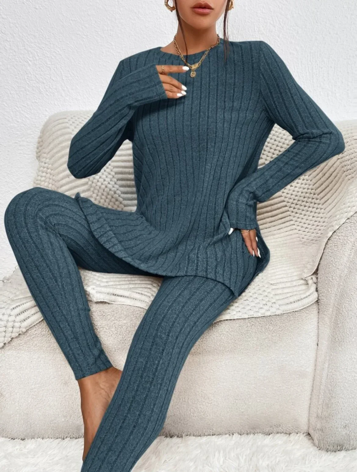 Women Pant Sets Two Piece Long Sleeve O Neck Matching Sets Pants Pullovers Casual Elastic Waist Pencil Pants Striped Tracksuit