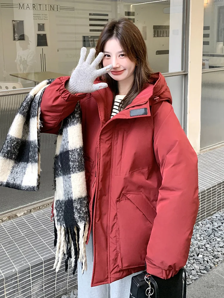 Red casual fashion versatile cotton jacket 2025 winter new loose fitting hooded thick workwear short style bread jacket
