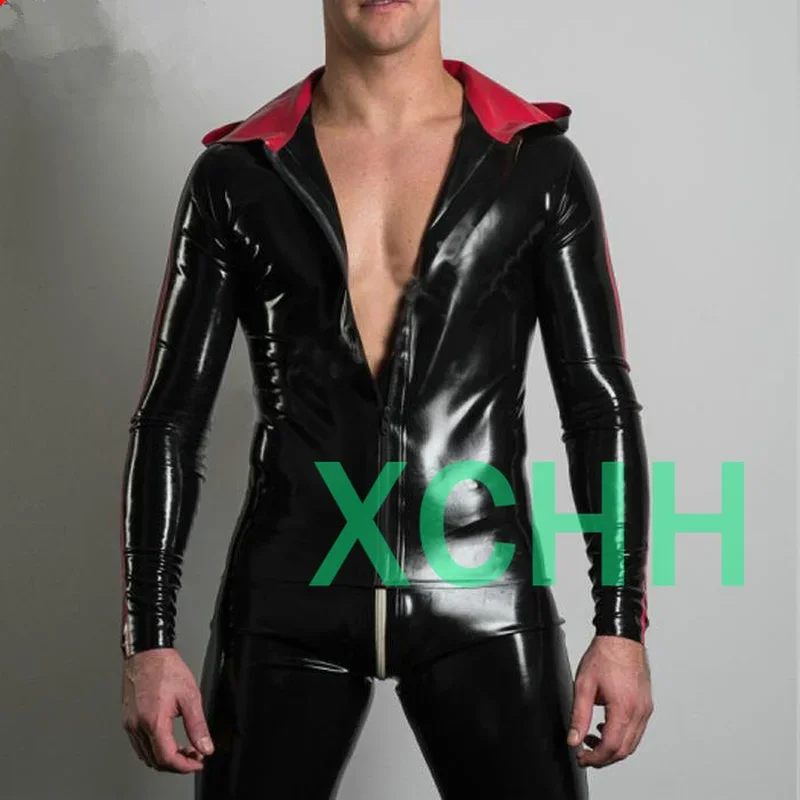 

Sexy Black Men's Latex Top Jacket Hoodie Tight Open Front Zipper Custom