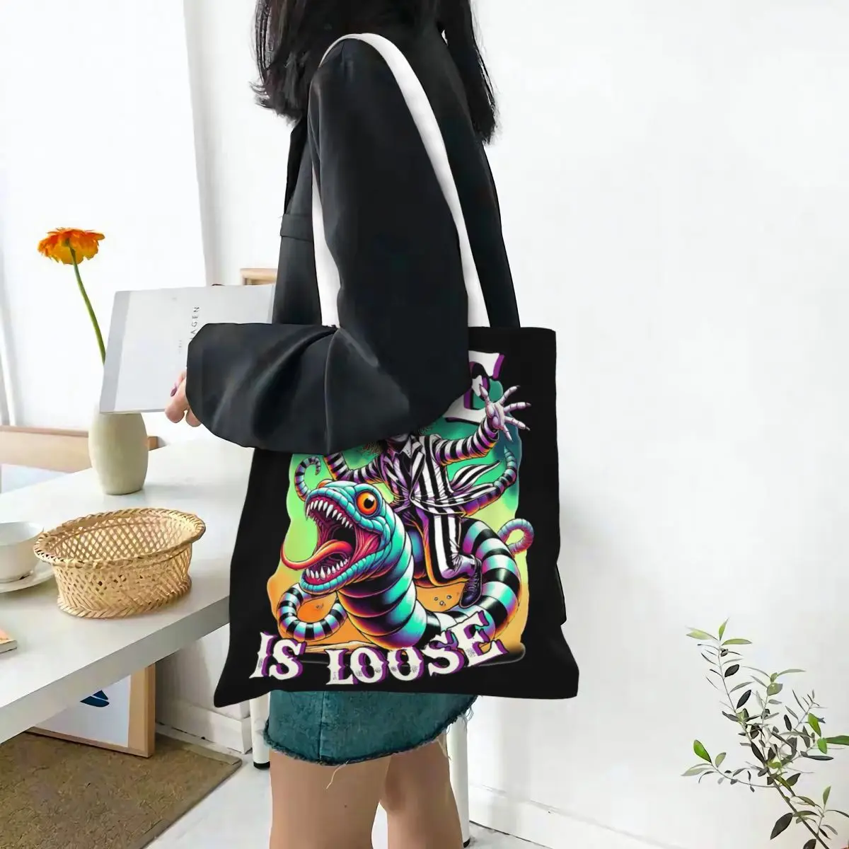 B-Beetlejuice Horror Movie Tote Bags Women Handbag Foldable College The Juice is Loose Shoulder Bag Reusable Shopping Bag