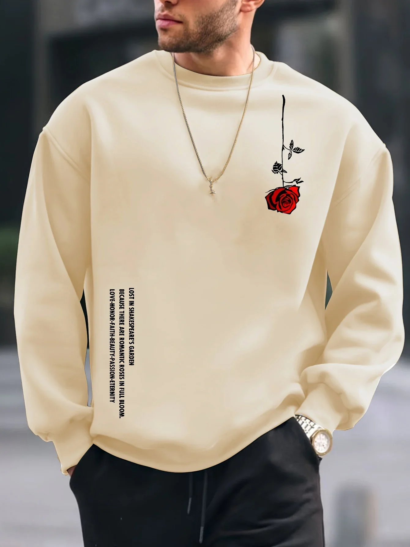 

Pop Men's Autumn And Winter Fashionable Casual Loose Plus Rose Pattern Printed Fleece Pullover Round Neck Long Sleeved Sweatshir