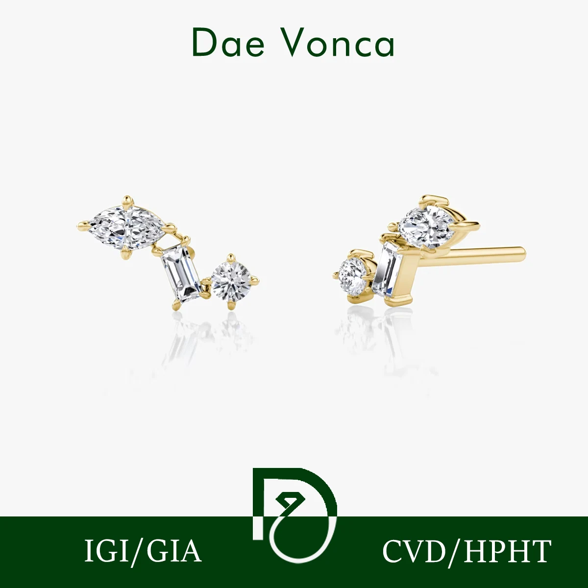 Lab Grown Diamond Stud Earrings, Marquise Baguette Round Cut Diamond Earrings, 9K 14K 18K Solid Gold, Fine Jewelry For Women