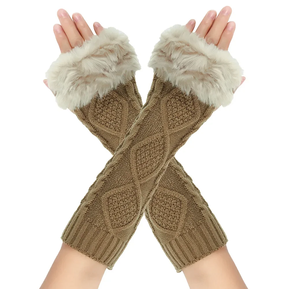 Women Plush Gloves Faux Fur Knitted Sleeve Cover Winter Warm Fingerless Mittens Arm Gloves Wrist Crochet Half Finger Gloves