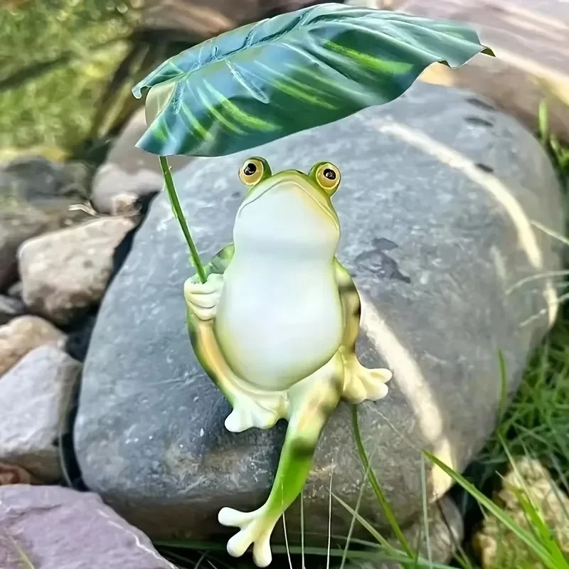 Cartoon Fun Cute Umbrella Frog Sculpture Jewelry Creative Lotus Leaf Frog Statue Aquarium Fish Tank Balcony Garden Decoration