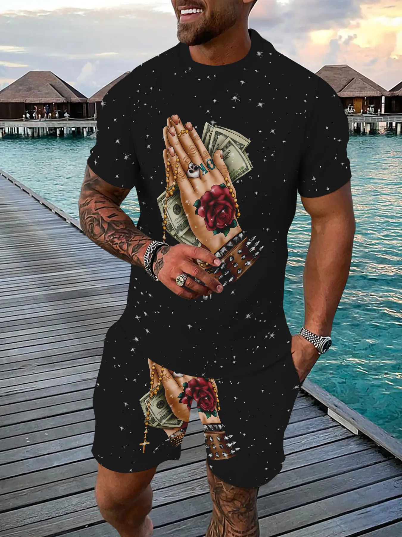 

Summer 3D Printing Set, Men's Adult Leisure Sports Set, Breathable Outdoor Leisure Men's T-shirt Five Piece Pants Set