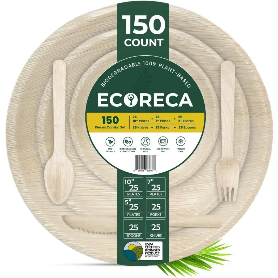 

150Piece Biodegradable Palm Leaf Dinnerware Set with 10 Round Plates 7 and 5 Diameter Plates EcoFriendly Disposable Cutlery for