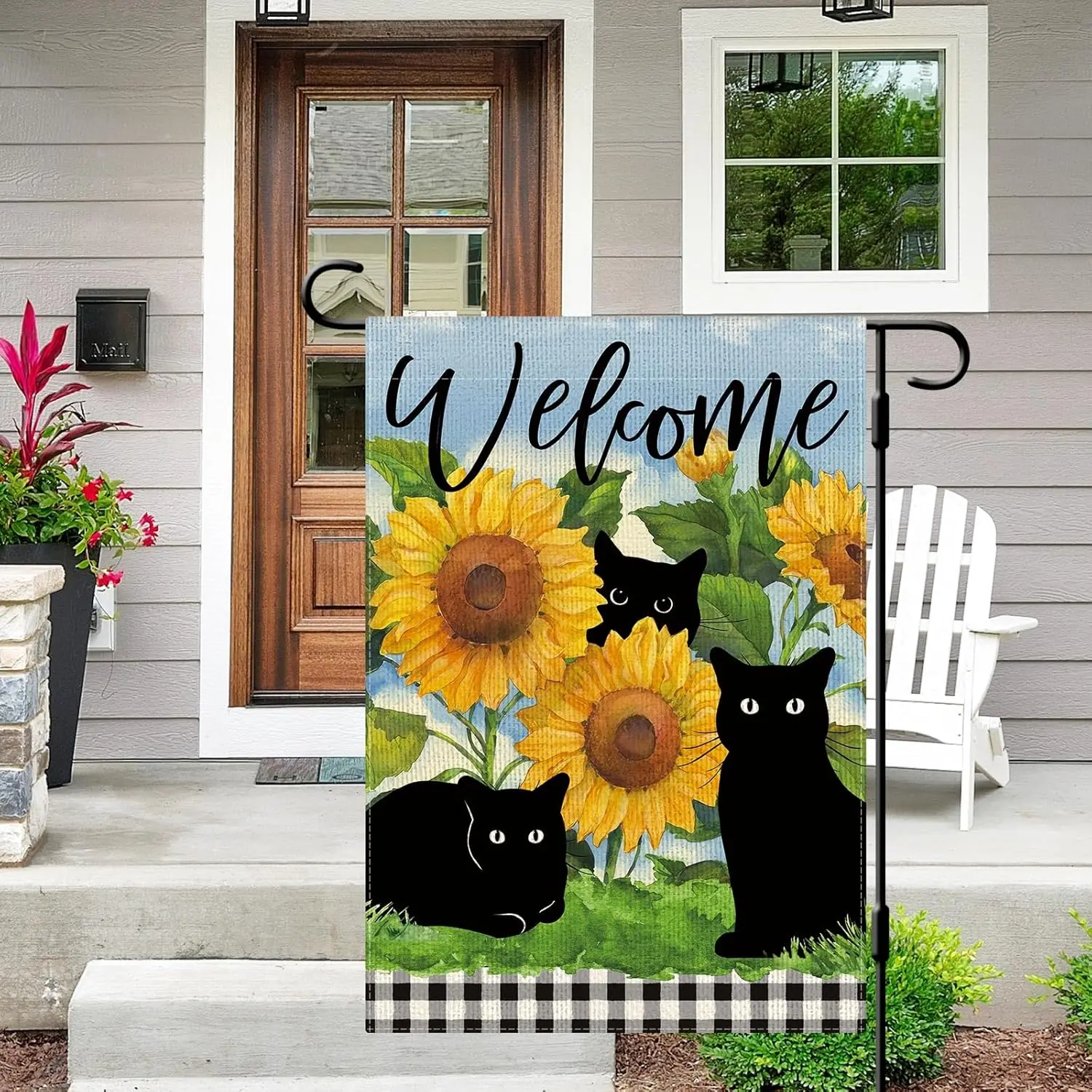 DLZDN Summer Cat Garden Flag Sunflower Black Cat Garden Flag 12×18 Inch Double Sided Buffalo Plaid Farmhouse Welcome Yard Flag S