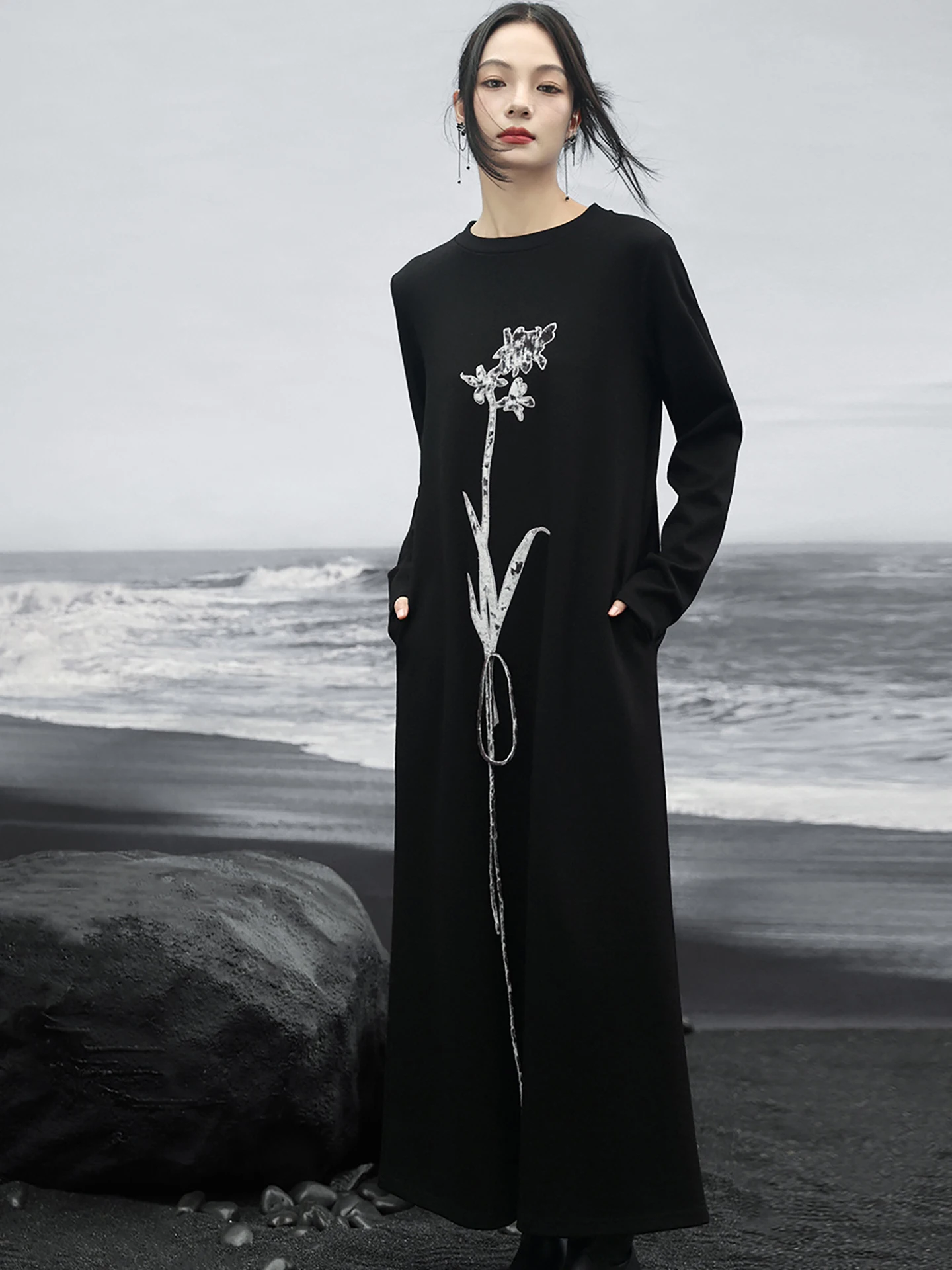 

Loose Casual Long Sve Bla Narcissus Print Dr New Chinese Sle Women's Autumn Dr Breathable Comfortable Knitted Fa...