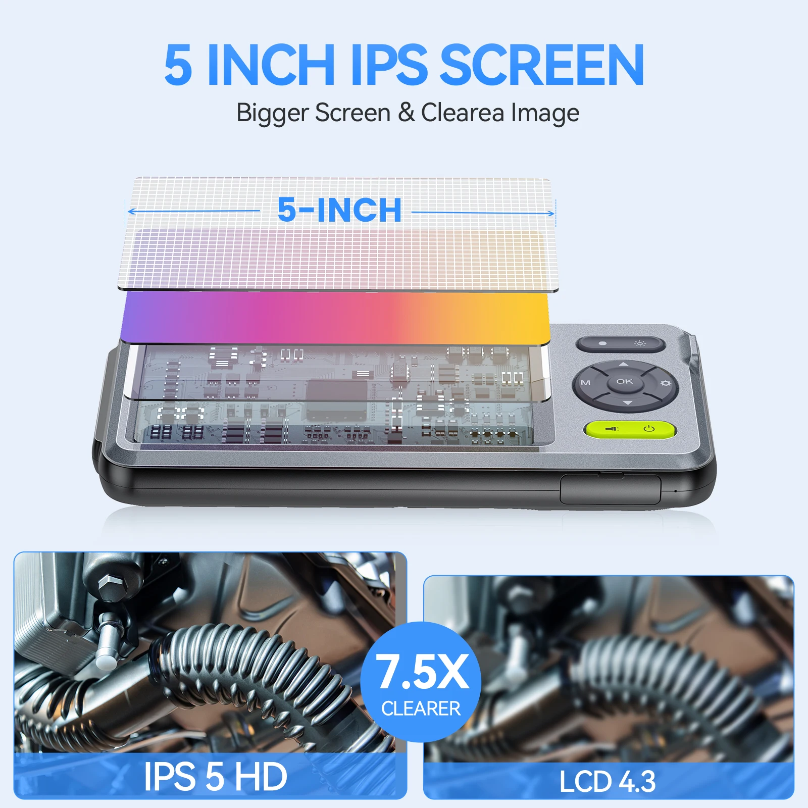 Teslong NTS500B 7.9mm Triple Lens 5 Inch IPS Screen Industrial Endoscope Camera 5m Snake Tube with 32GB