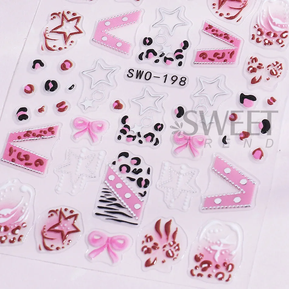 2 Stück Y2K Nagelaufkleber Schwarz Rosa Leopardenmuster Schleife Hohlstern Band Französisches Design Nagelsticker DIY Halloween Maniküre Deko – Detail 8
