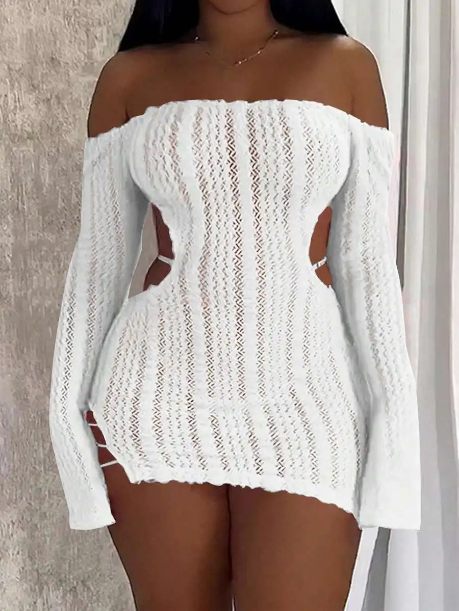 

White Off-Shoulder Hollow Out Knit Mini Dress with Cut-Out Sides and Lace Trim