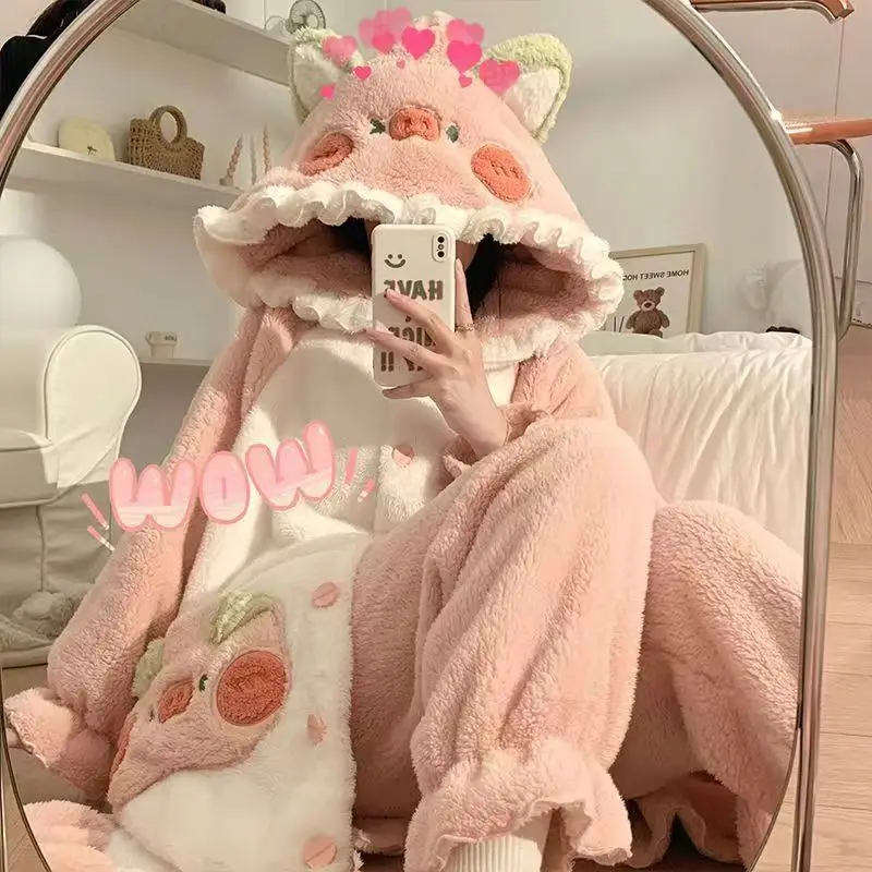 

Милая розовая ночная рубашка с капюшоном Kawaii, флисовая зимняя пижама с животными для косплея, свинья, Рождество, Новый год, пижамный комплект с героями мультфильмов для женщин и девочек