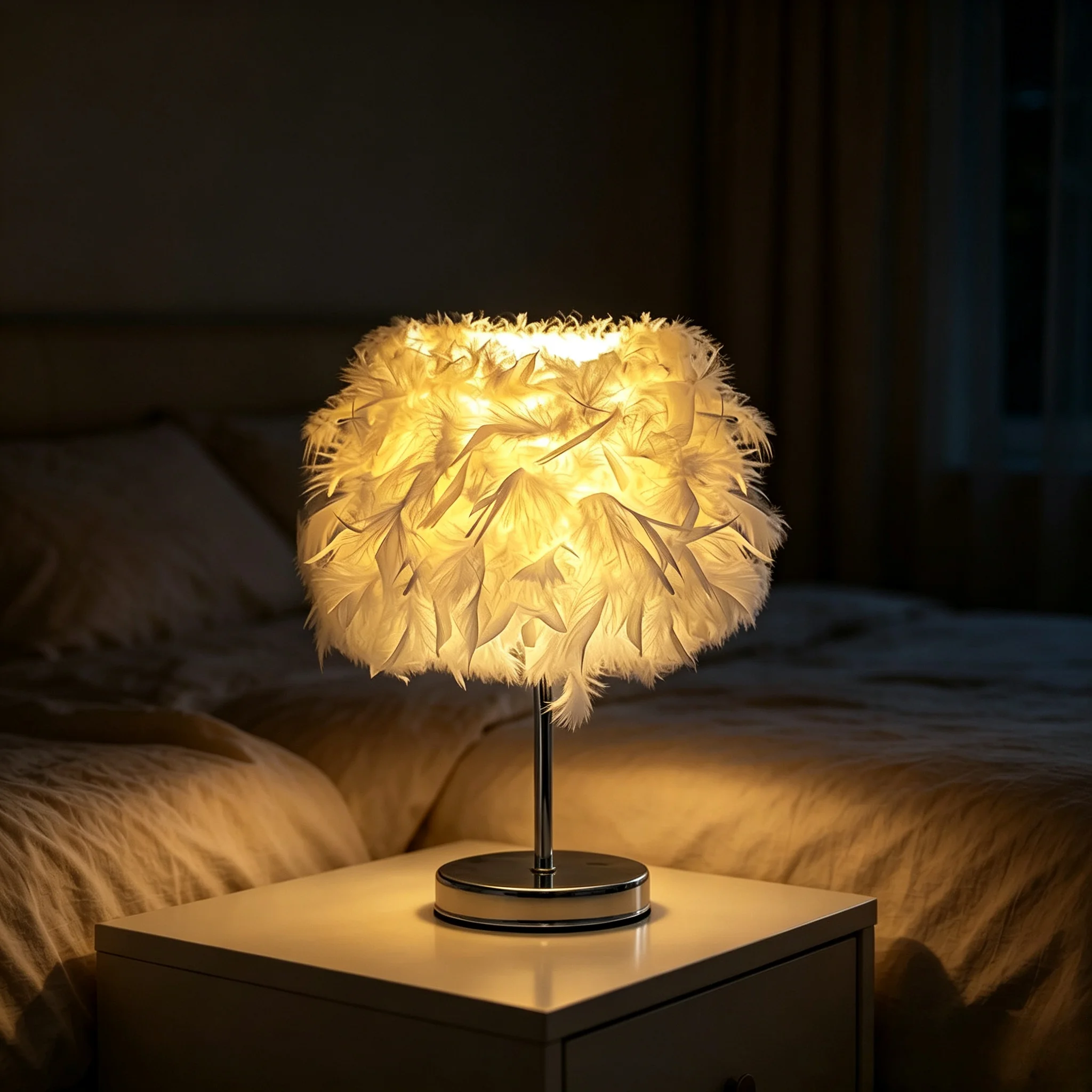 Romantic Warm Ambient Feather Night Light, USB Powered Luxury Table Lamp, Creative Gift for Bedroom Bedside Wedding Home Decor